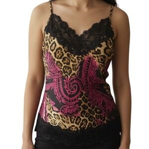 CACHE Vintage Y2K Silk Leopard‎ Paisley Lace Trim Cami Tank Top Size Small